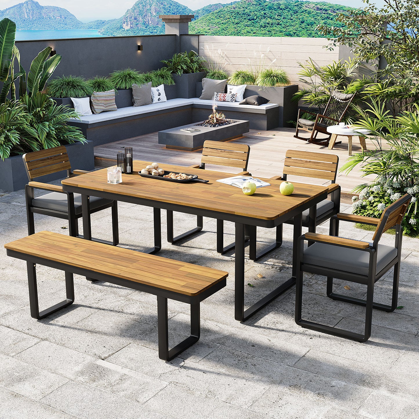 6-Piece Outdoor Dining Set, Acacia Wood, 1 Table with 4 Chairs & 1 Bench for 6-7 Person, Comfortable Cushions on Chairs,