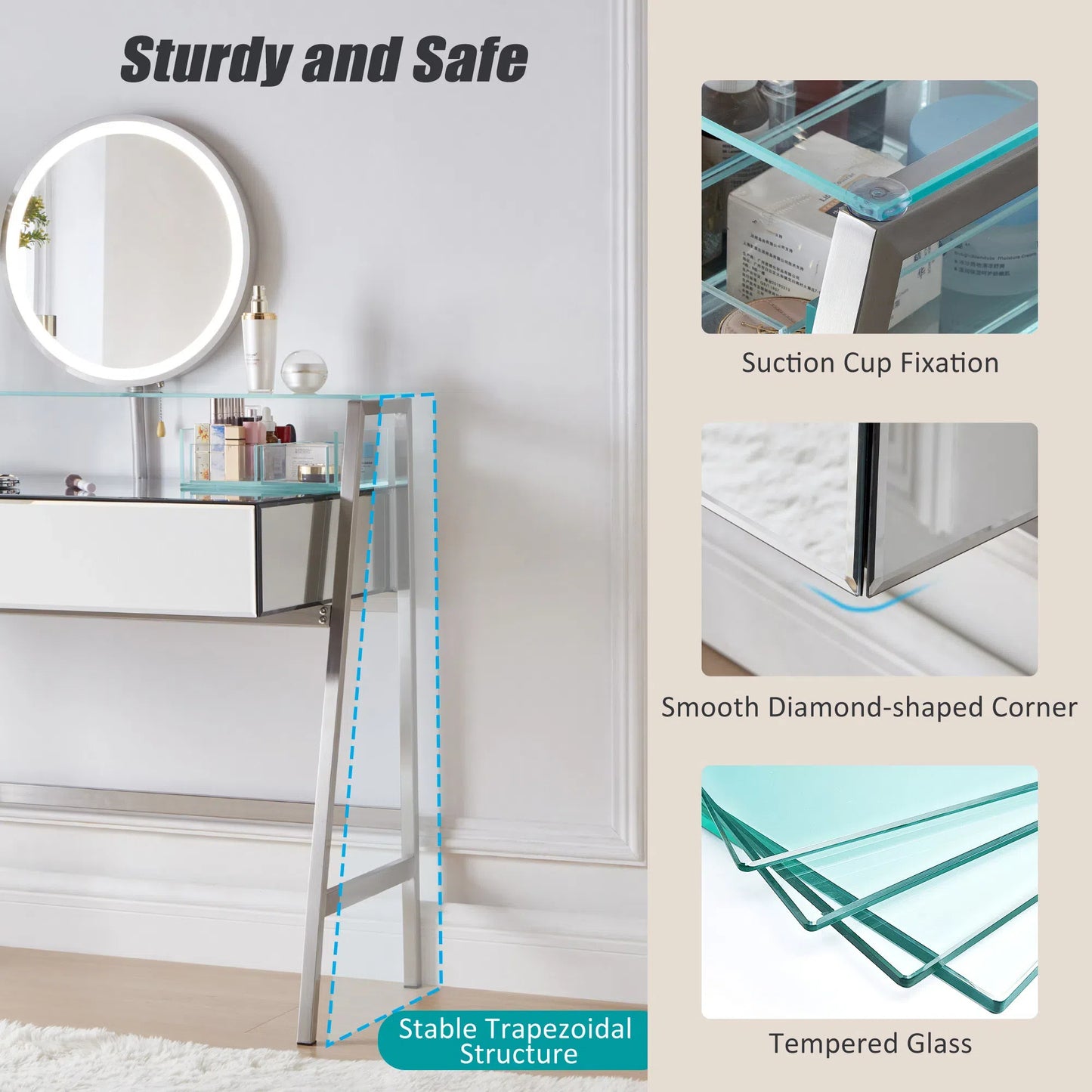 33.9" Mirrored Makeup Vanity Desk with Mirror and Lights, Mirrored Console Vanity Table with 2 Big Drawers & Open Shelf, Dressing Table with Charging Station for Bedroom, Silver