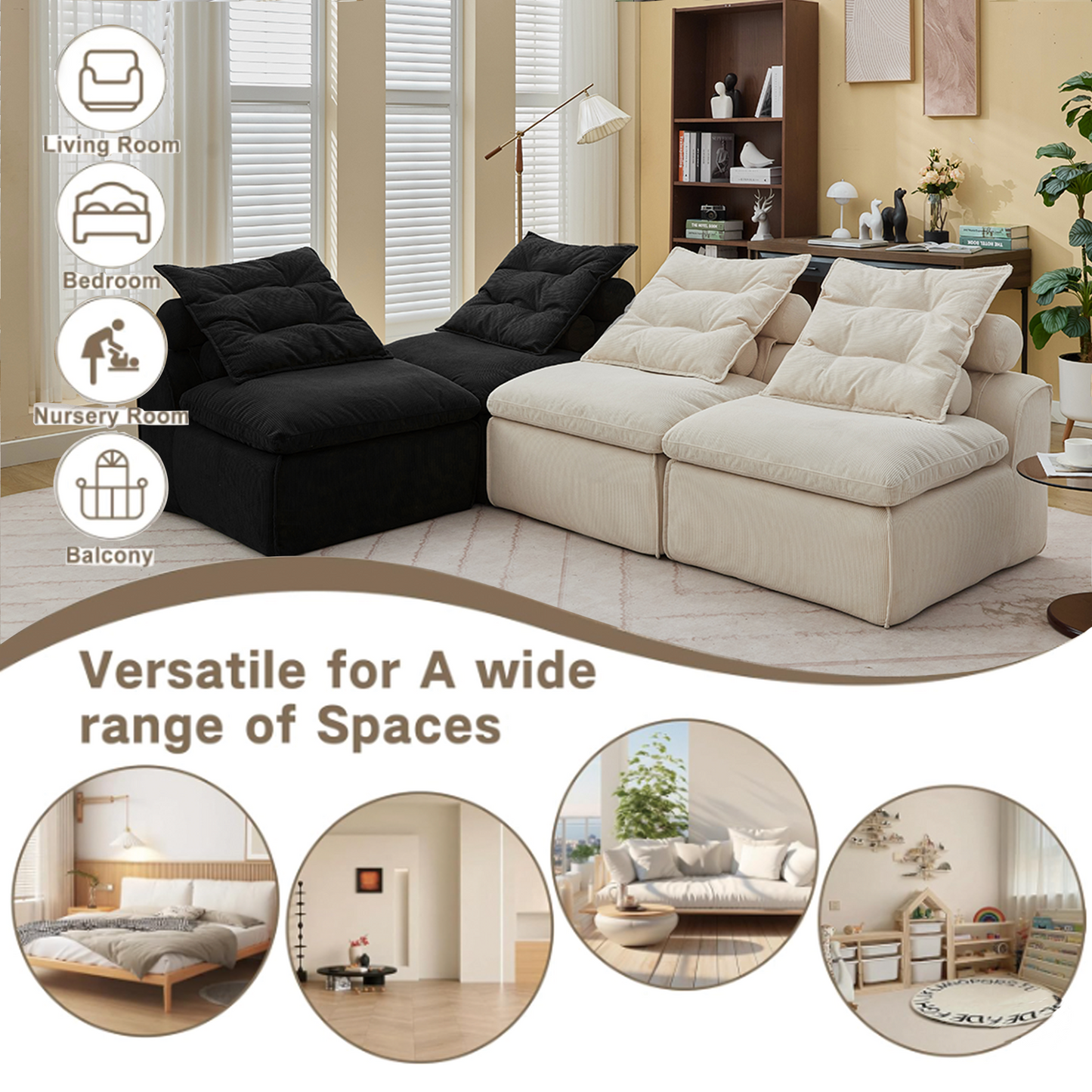 Modular Sofa,No Armrests,At will DIY,Corduroy ,Neck Pillow-Back Lounge Sofa Chair,Reading Nook, or Apartment Living, Lumbar Pillow,4 Seats,Upholstered,Beige,Black