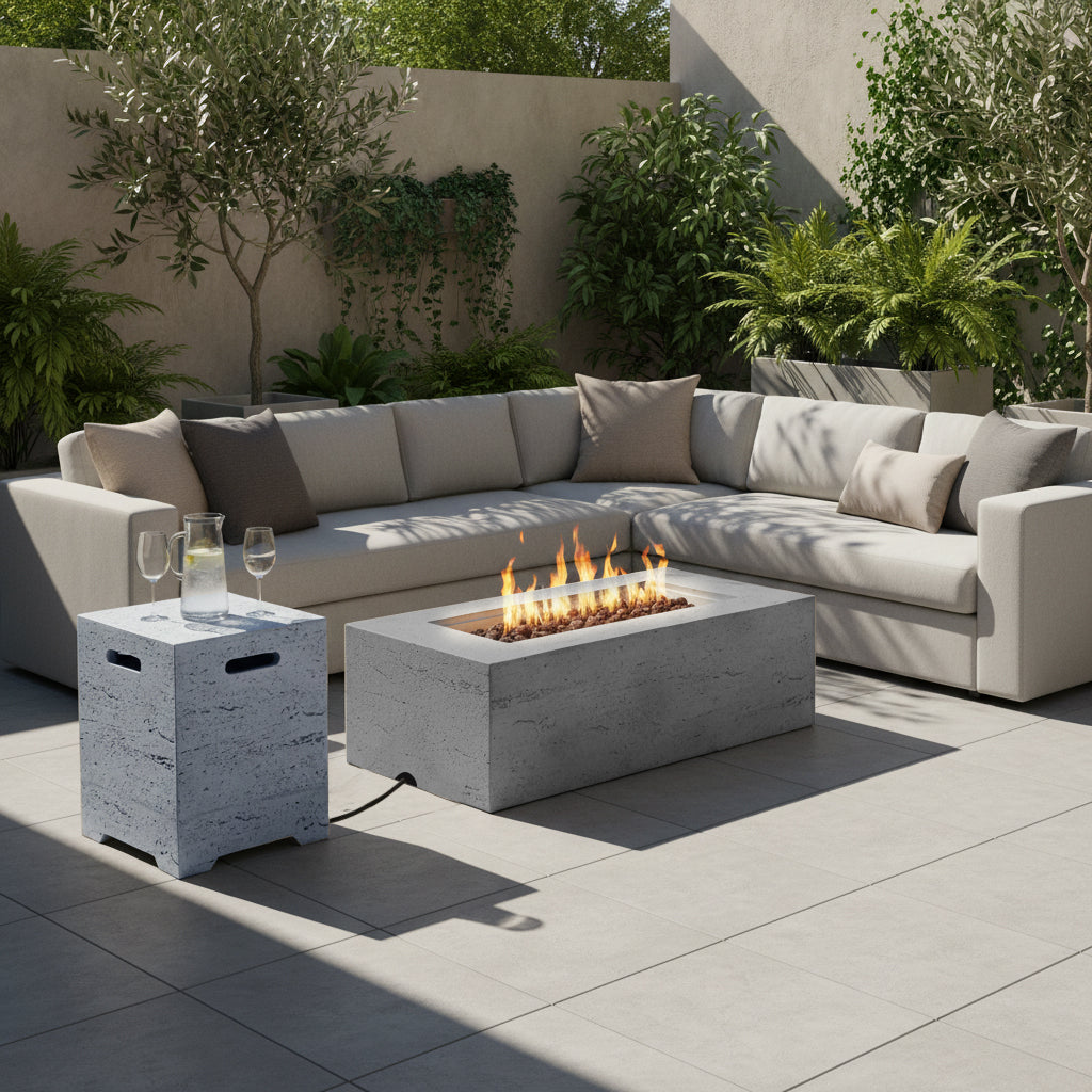 2-in-1 Outdoor Fire Pit & Propane Tank Stand Set,41.9''Outdoor Rectangular Propane Fire Pit 40000 BTU With 15.75''MGO Pr