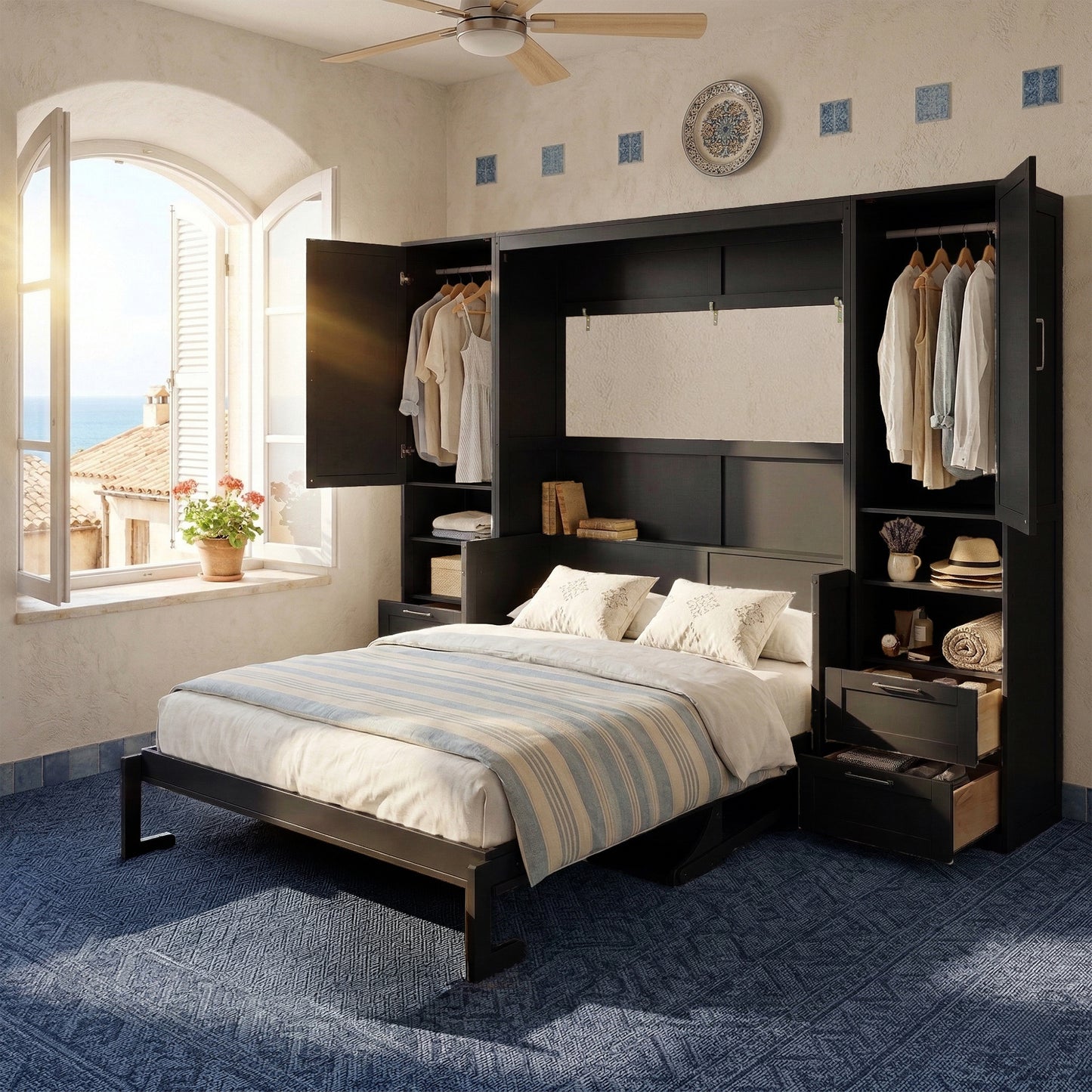 Queen Size Murphy Bed Wall Bed with Closet, Drawers and Shelves