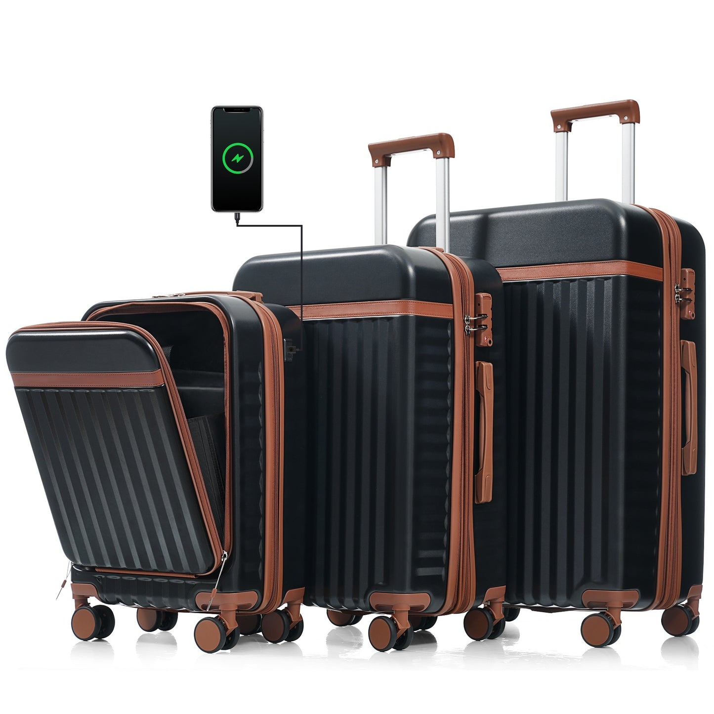 Luggage Set of 3, 20inch with USB Port, Front Opening Design Airline Certified