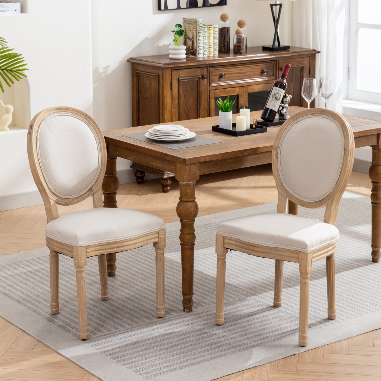 French Style Solid Wood Frame Antique Painting Linen Fabric Back Dining Chair, Set of 2,