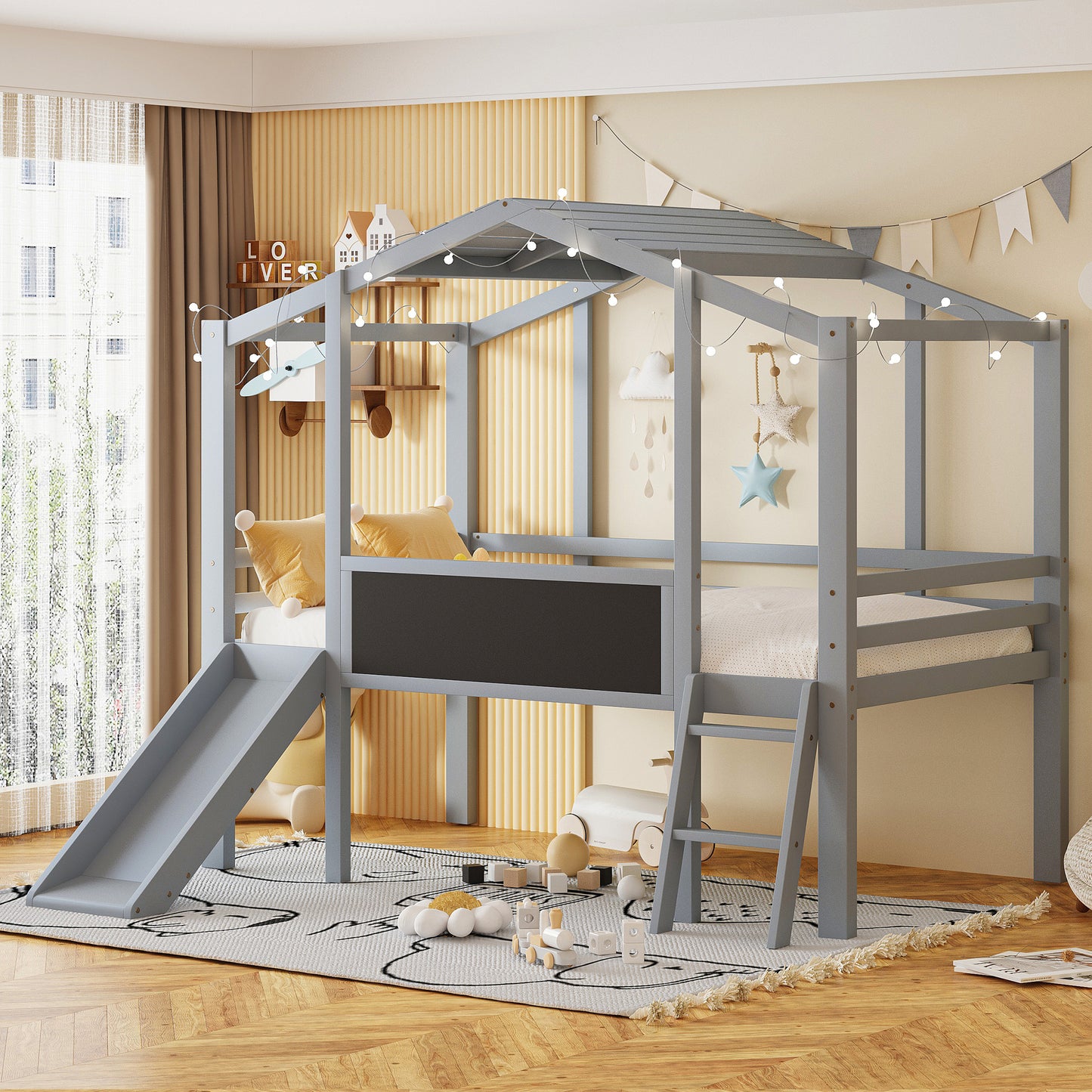 Loft Bed with Ladder and Slide, House Bed with Blackboard and Light Strip on the Roof