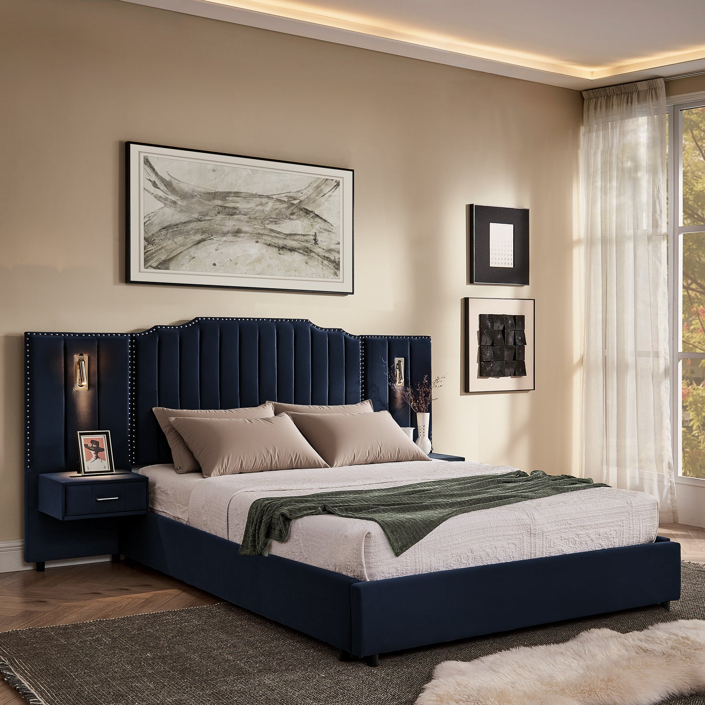 Upholstered Bed Frame with Velvet Fabric, Vertical Stripe Design & Bedside Table - No Box Spring Needed