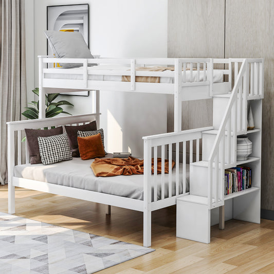 Bunk Bed Full White and Espresso Solid Wood with Guardrail and Storage for Bedroom and Guest Room