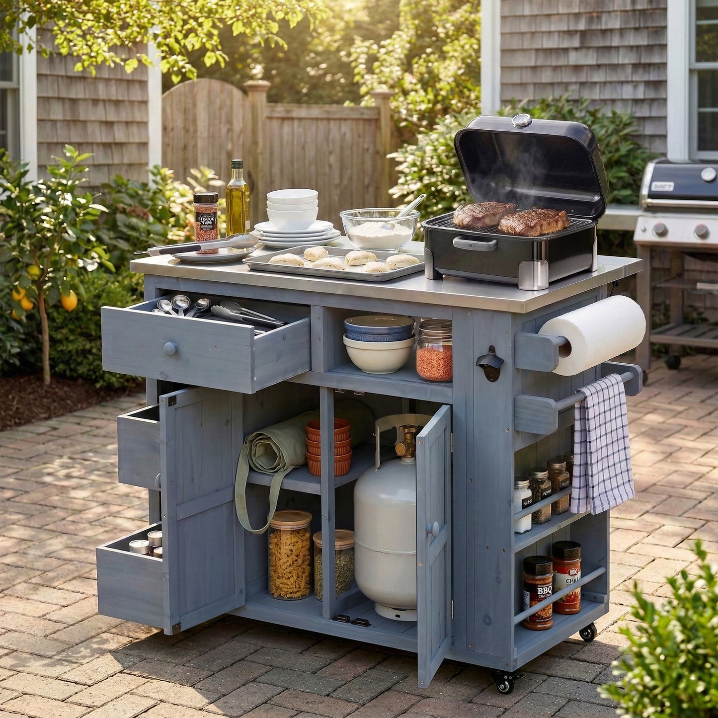 Outdoor Solid Wood Extendable 19.3''/28'' Kitchen Island, Stainless Steel Top Grill Table with Side Spice Rack, Kitchen