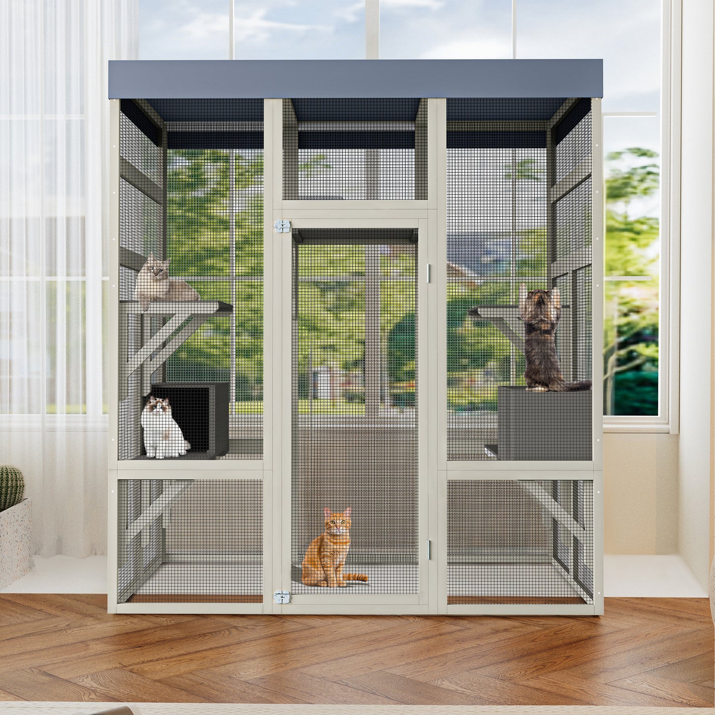 Gray Wooden Outdoor Catio Pet Enclosure – Waterproof Cat House & Small Animal Cage with Galvanized Mesh, Play Platforms & 2 Napping Boxes