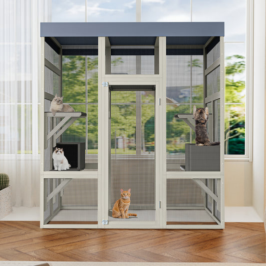 Gray Wooden Outdoor Catio Pet Enclosure – Waterproof Cat House & Small Animal Cage with Galvanized Mesh, Play Platforms & 2 Napping Boxes