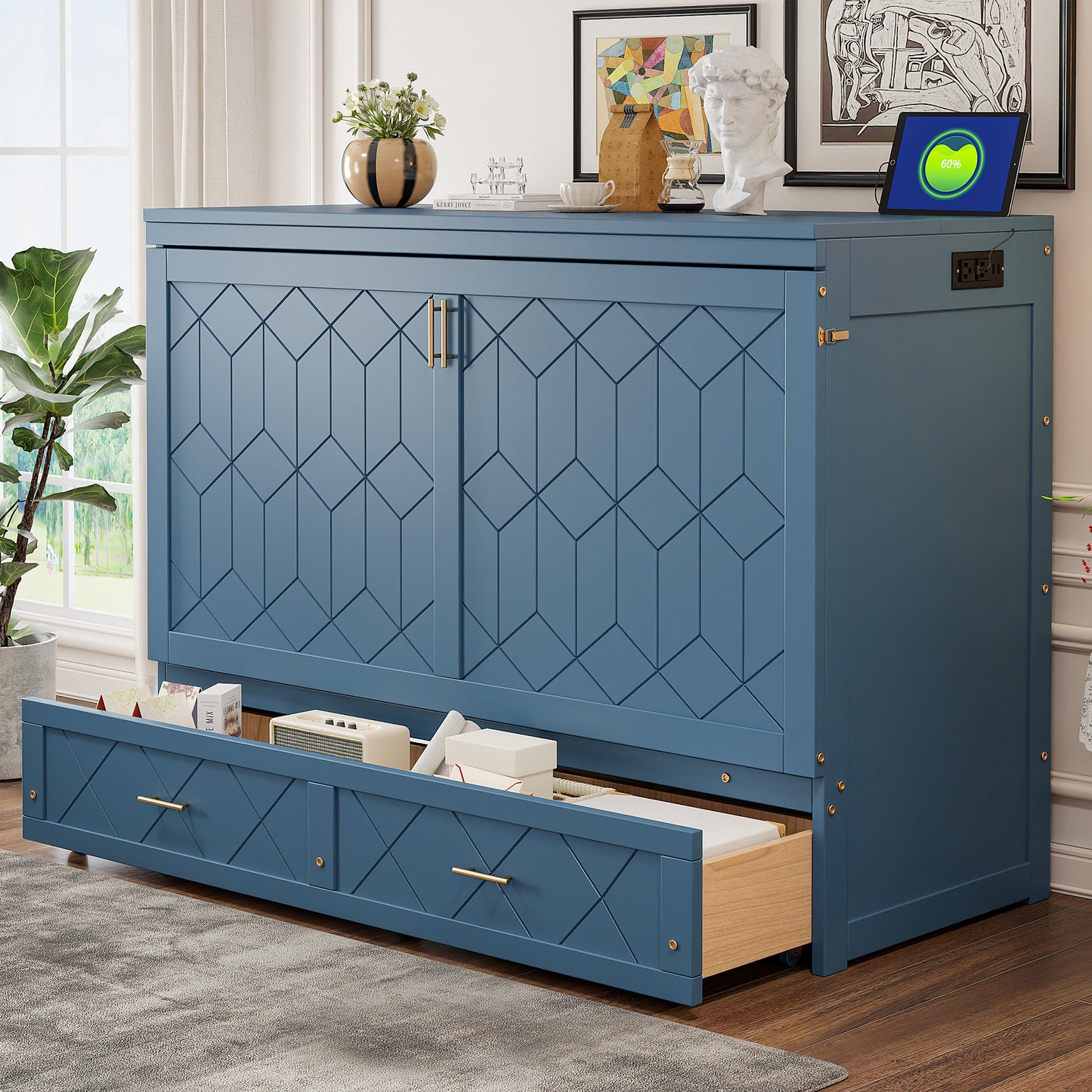 Queen Size Murphy Bed Wall Bed with drawer and a set of Sockets & USB Ports