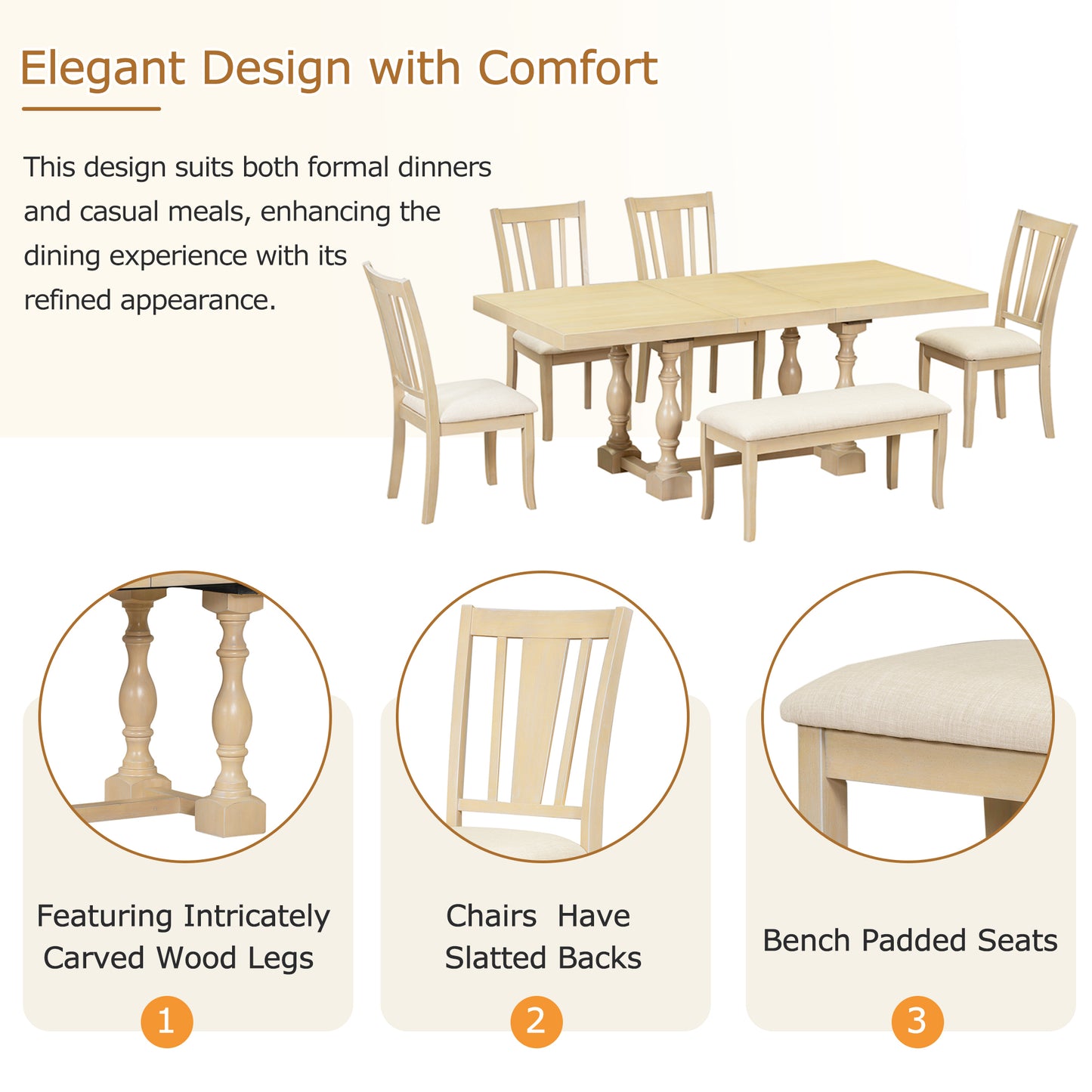 Traditional 6-Piece 78inch Trestle Extendable Dining Table Set with One 18inch Removable Leaf, Padded Dining Chairs and Bench,Natural