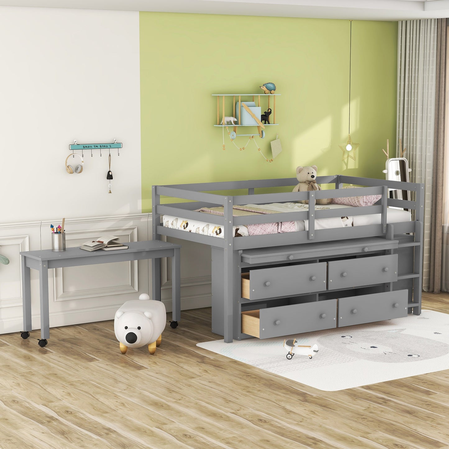 Wooden Loft Bed with Retractable Writing Desk, 4 Drawers and Lateral Portable Desk with