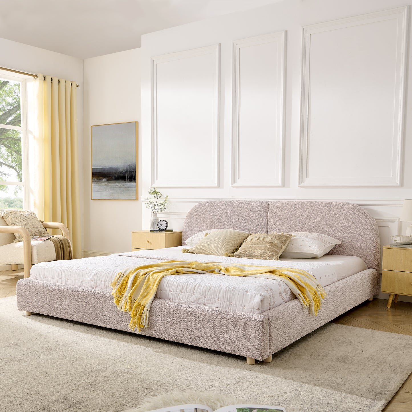 Upholstered Bed Frame, Modern Minimalist Style with Tall Curved Headboard, Premium Circle Yarn