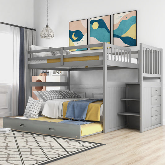 Bunk Bed Full Over Full Gray Solid Wood with Trundle and Storage for Bedroom and Guest Room