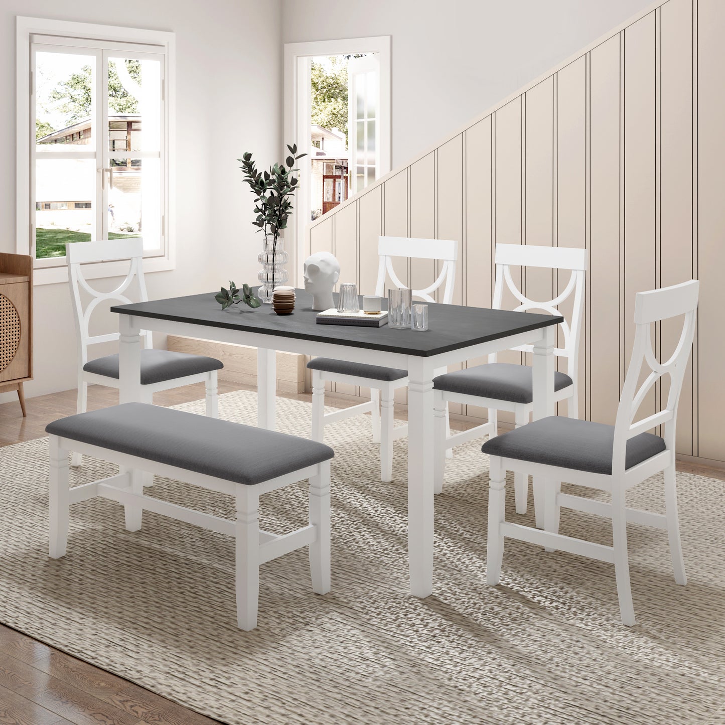 6-Piece Wood Dining Table Set Kitchen Table Set with Upholstered Bench and 4 Dining Chairs, Farmhouse Style,Gray+White (old sku: SP000003AAK)