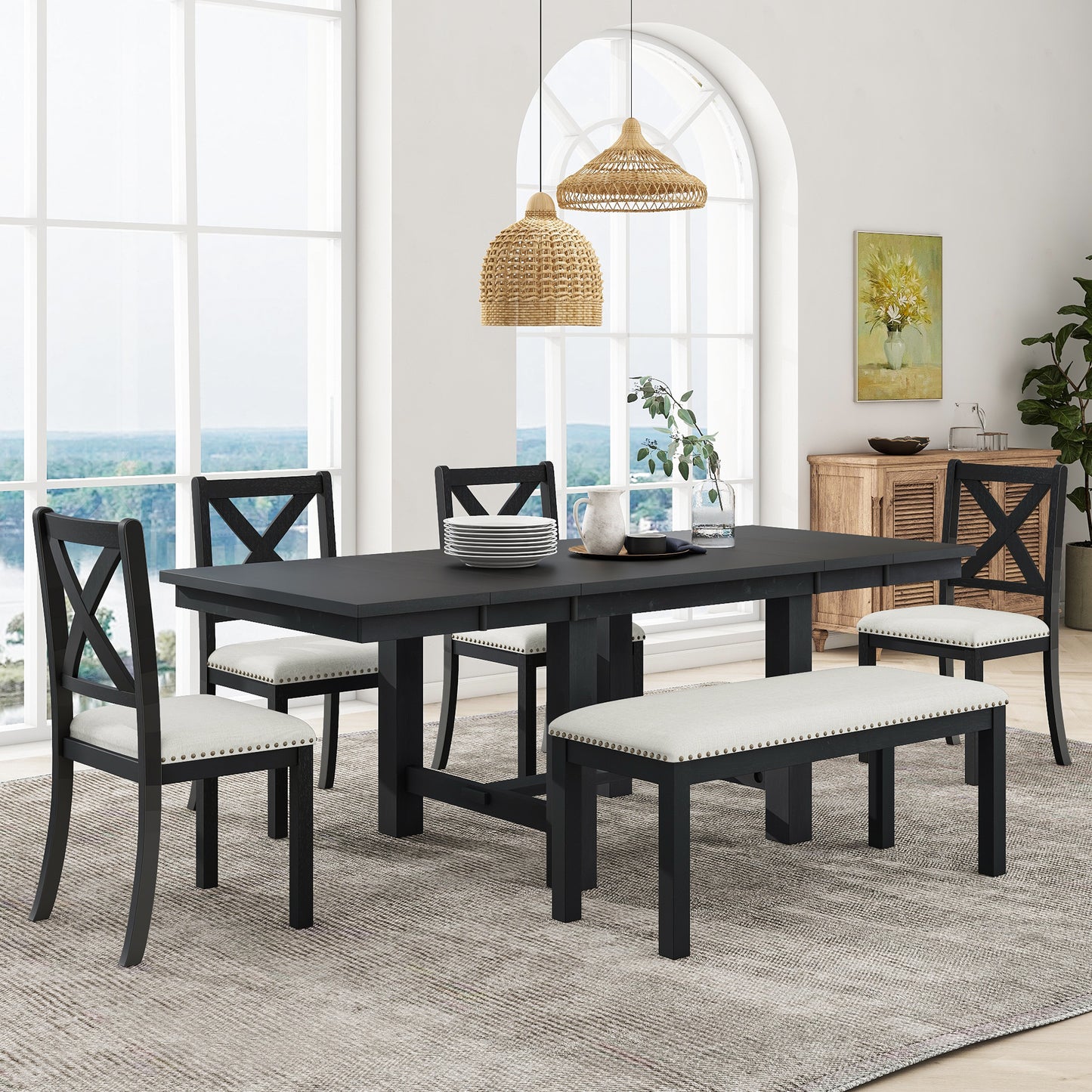 Farmhouse 82inch 6-Piece Extendable Dining Table with Footrest, 4 Upholstered Dining Chairs and Dining Bench, Two 11'Rem