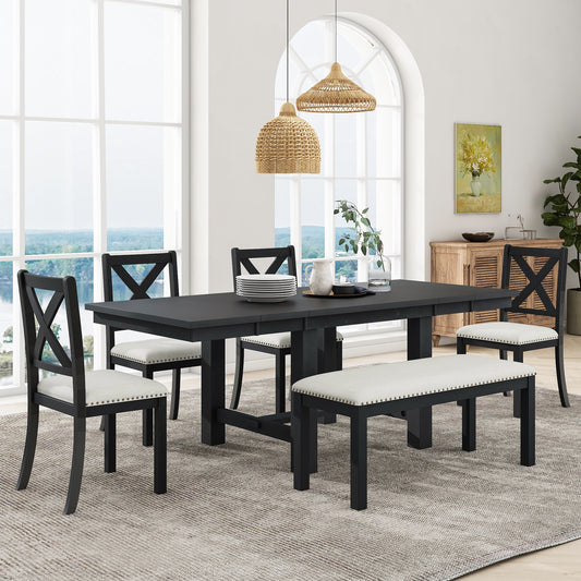 6-Piece Dining Table Set Farmhouse Solid Wood Black and Beige Cushion with Extendable Design for Dining Room or Kitchen