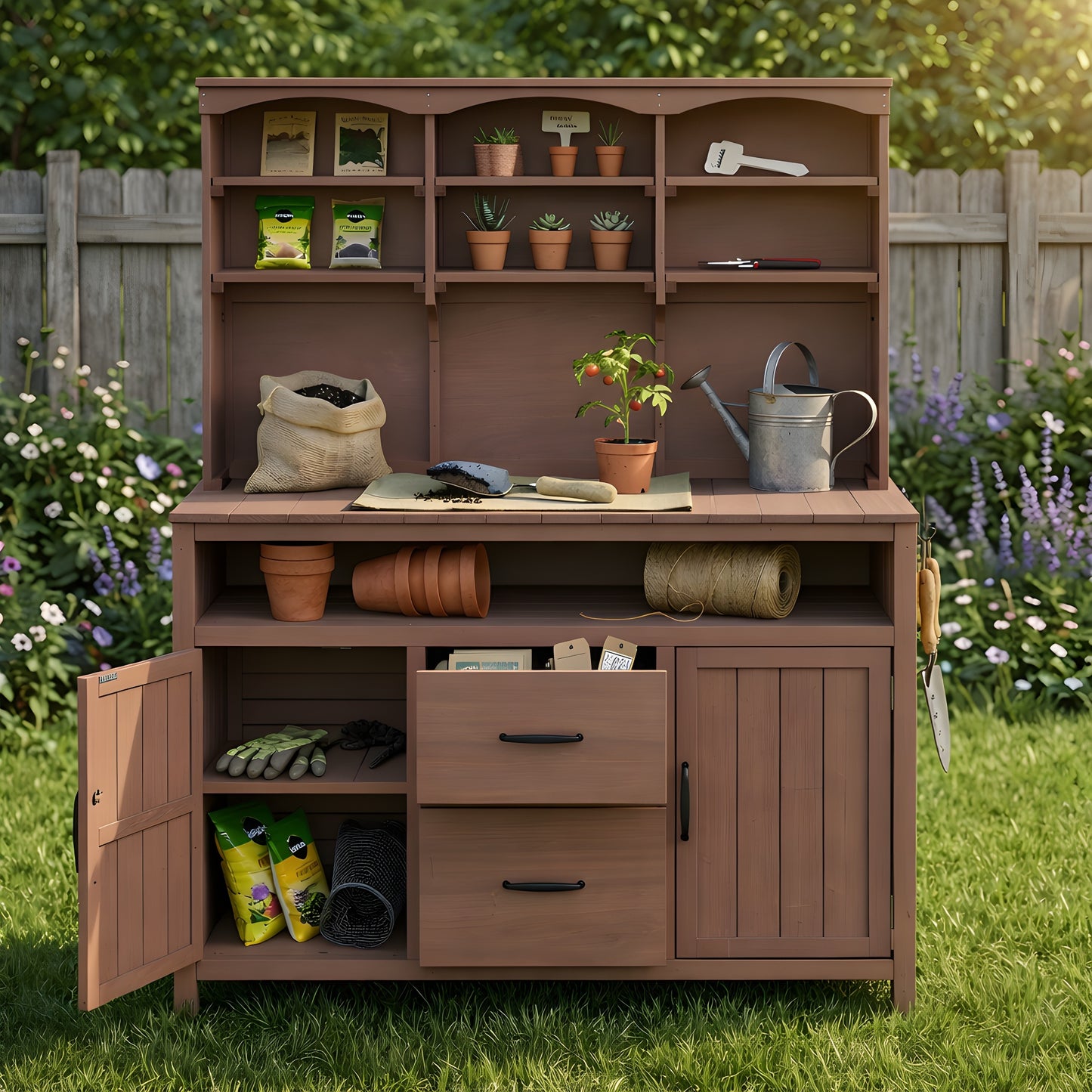 Large Fir Wood Potting Bench, 45.3''L Multi-Functional Outdoor Patio Kitchen