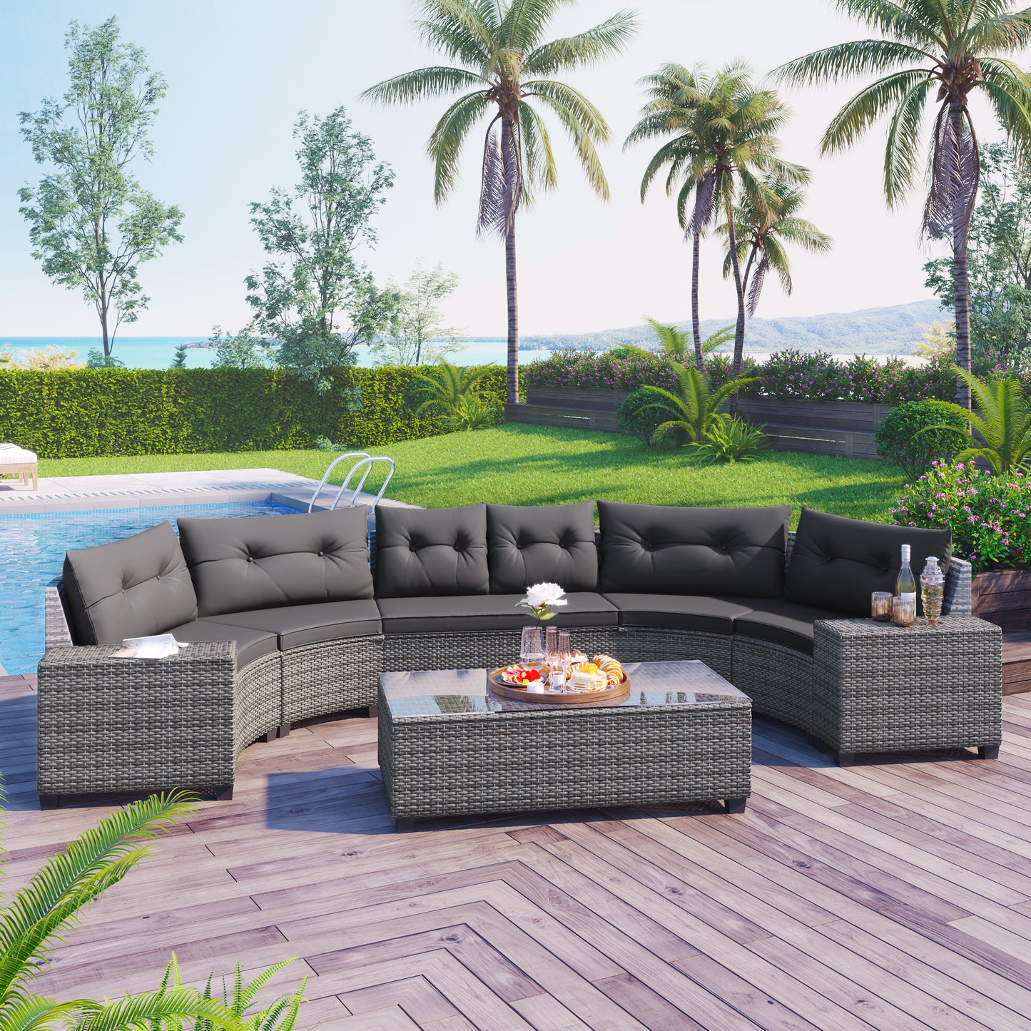 8-pieces Outdoor Wicker Round Sofa Set, Half-Moon Sectional Sets All Weather, Curved Sofa Set With Rectangular Coffee Table, PE Rattan, Movable Cushion, Gray
