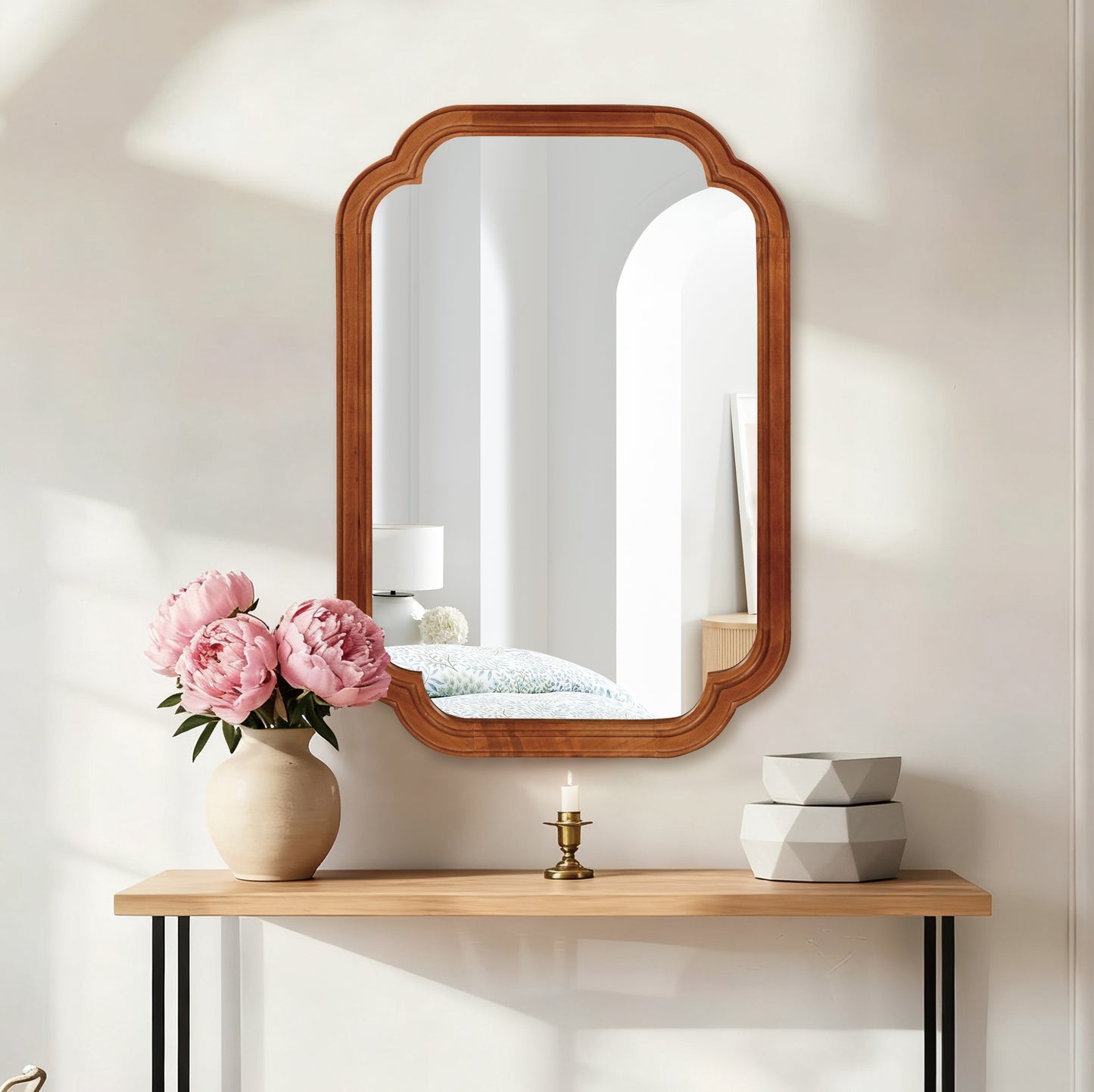 Rounded Corner Solid Wood Wall Mirror – 20" x 30" Modern Decorative Mirror for Bathroom, Bedroom & Entryway