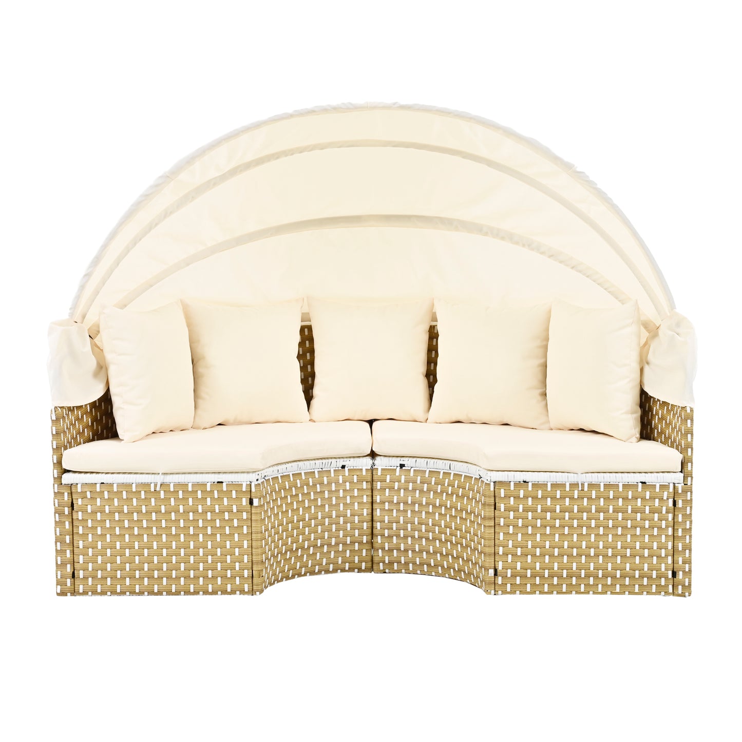 Patio Furniture Round Outdoor Sectional Sofa Set Rattan Daybed Two-Tone Weave Sunbed with Retractable Canopy, Separate Seating and Removable Cushion, Beige