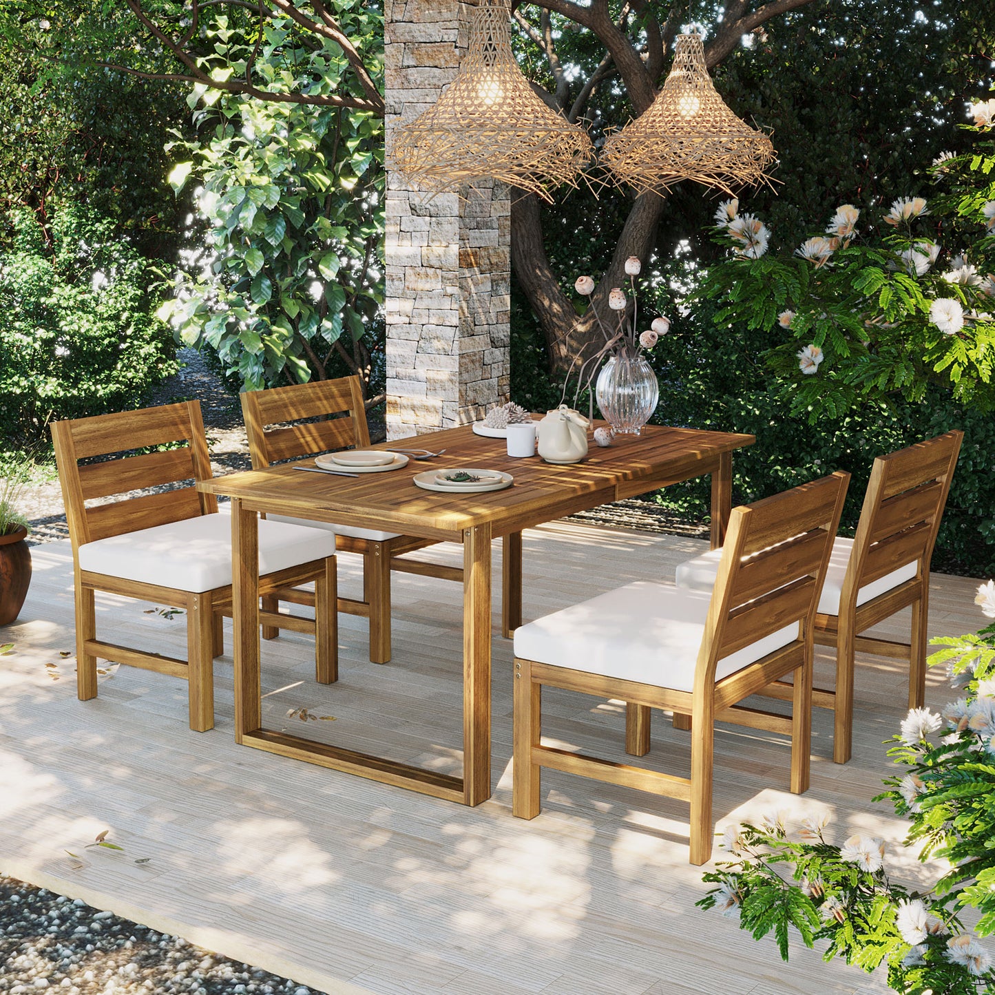 Farmhouse 5-Piece Outdoor Patio Dining Set with Adjustable Legs,Acacia Wood Dinning Set for 4,Suitable for Backyard, Garden, or Deck