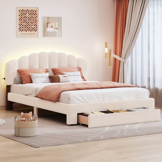 Platform Bed Queen Fleece Beige with Storage for Bedroom or Guest Room
