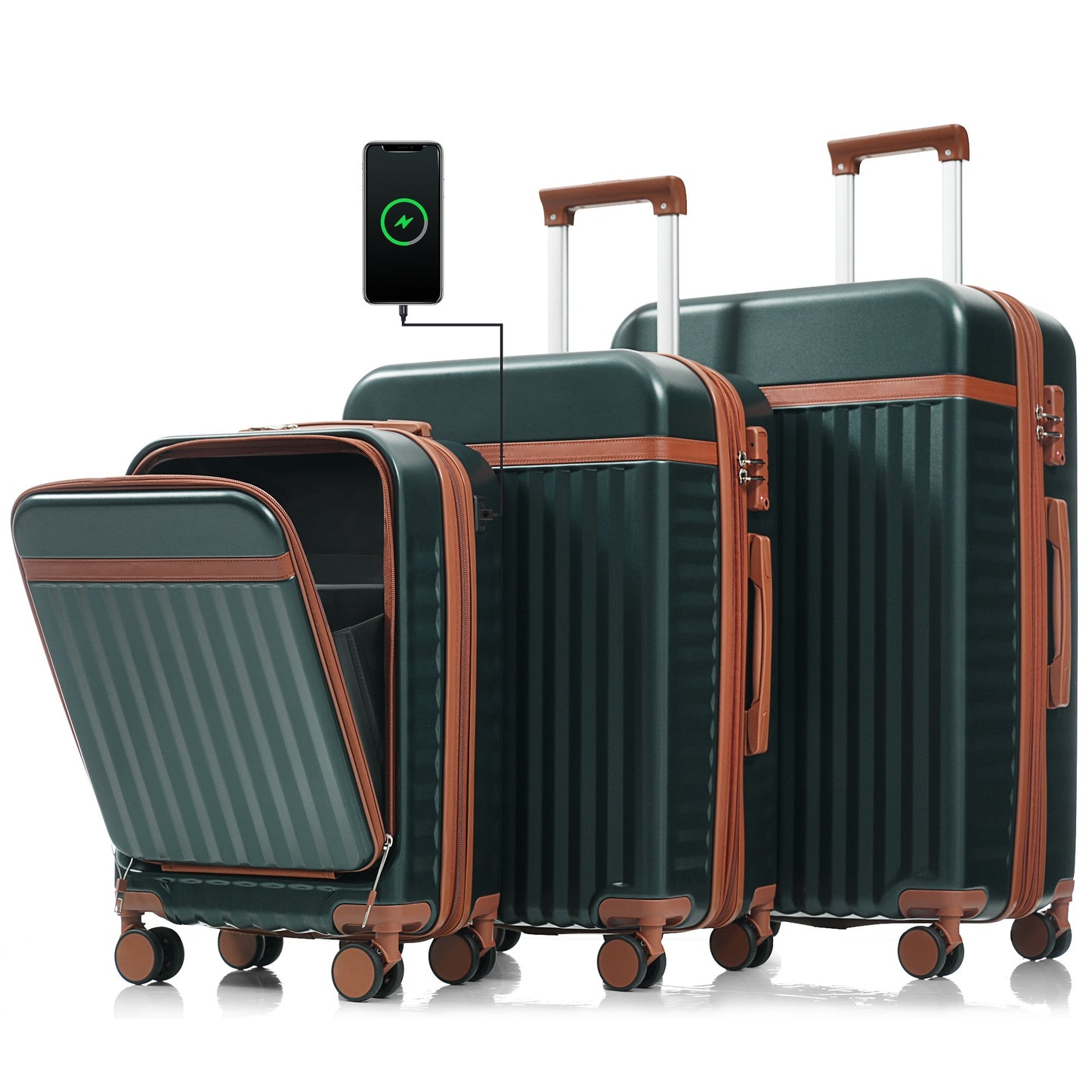 Luggage Set of 3, 20inch with USB Port, Front Opening Design Airline Certified