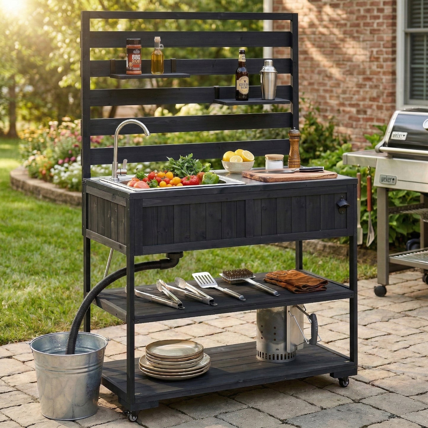 41.7'' Large Patio Rolling Kitchen Island Solid Wood Kitchen Cart with Sink, Garden Potting