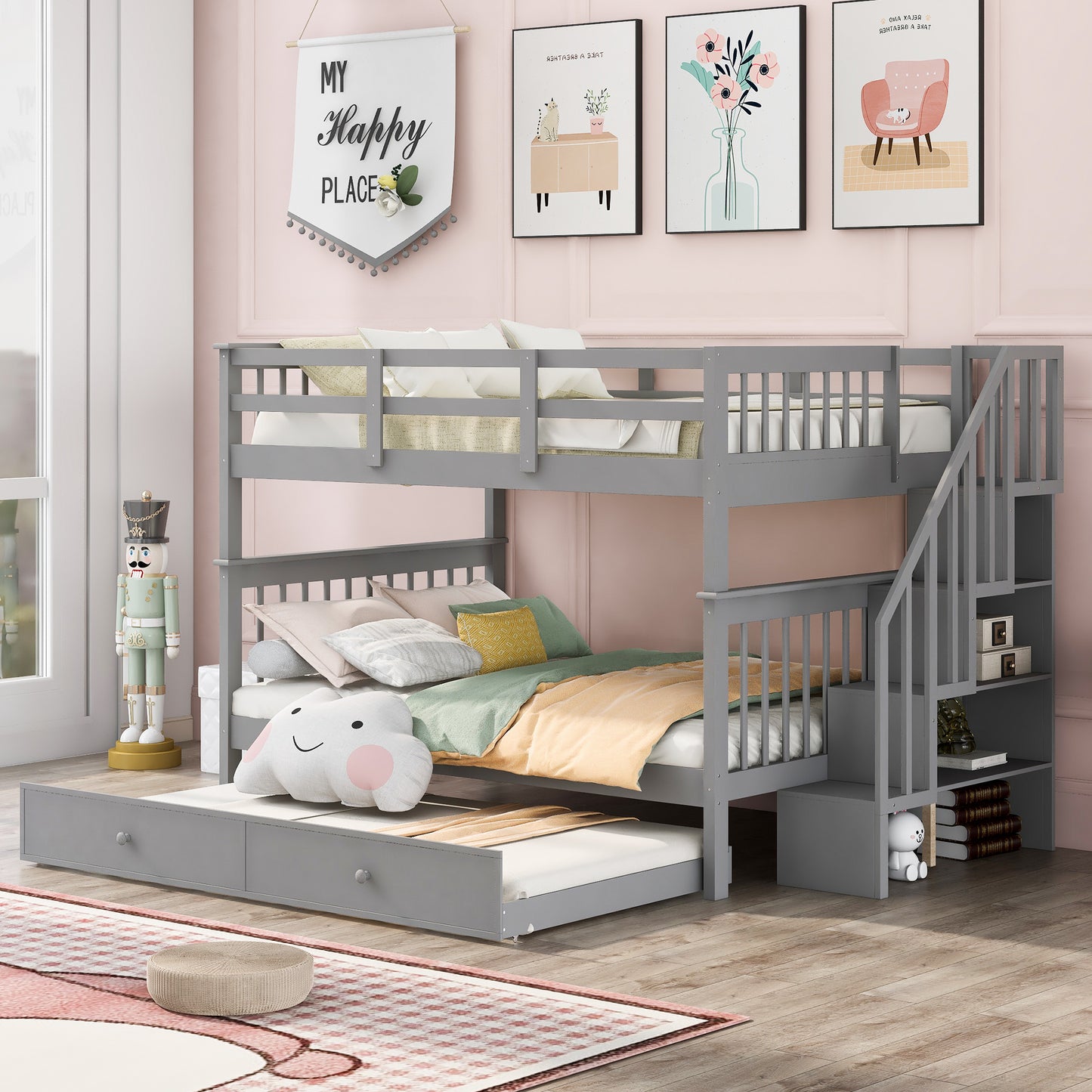 Stairway Full-Over-Full Bunk Bed with Twin size Trundle and Storage