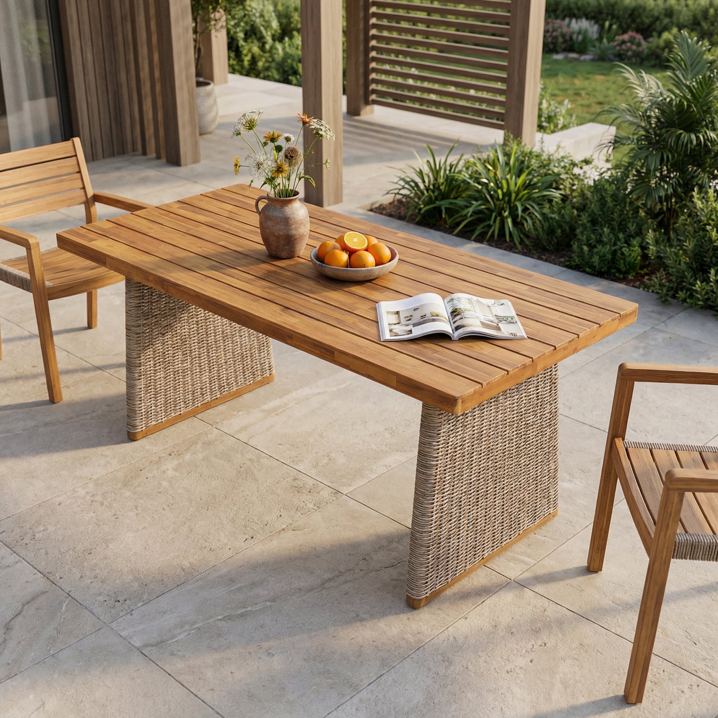 Outdoor Acacia Wood Dining Table with Handwoven Wicker Legs – Teak Finish Patio Dining Table with Slatted Top