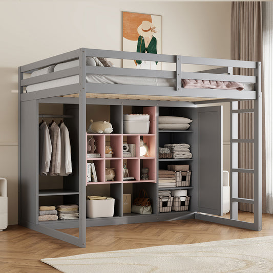 Loft Bed, Full Size, Solid Wood and MDF with Shelves, Wardrobe Storage, and Cabinets for Bedroom or Study Space