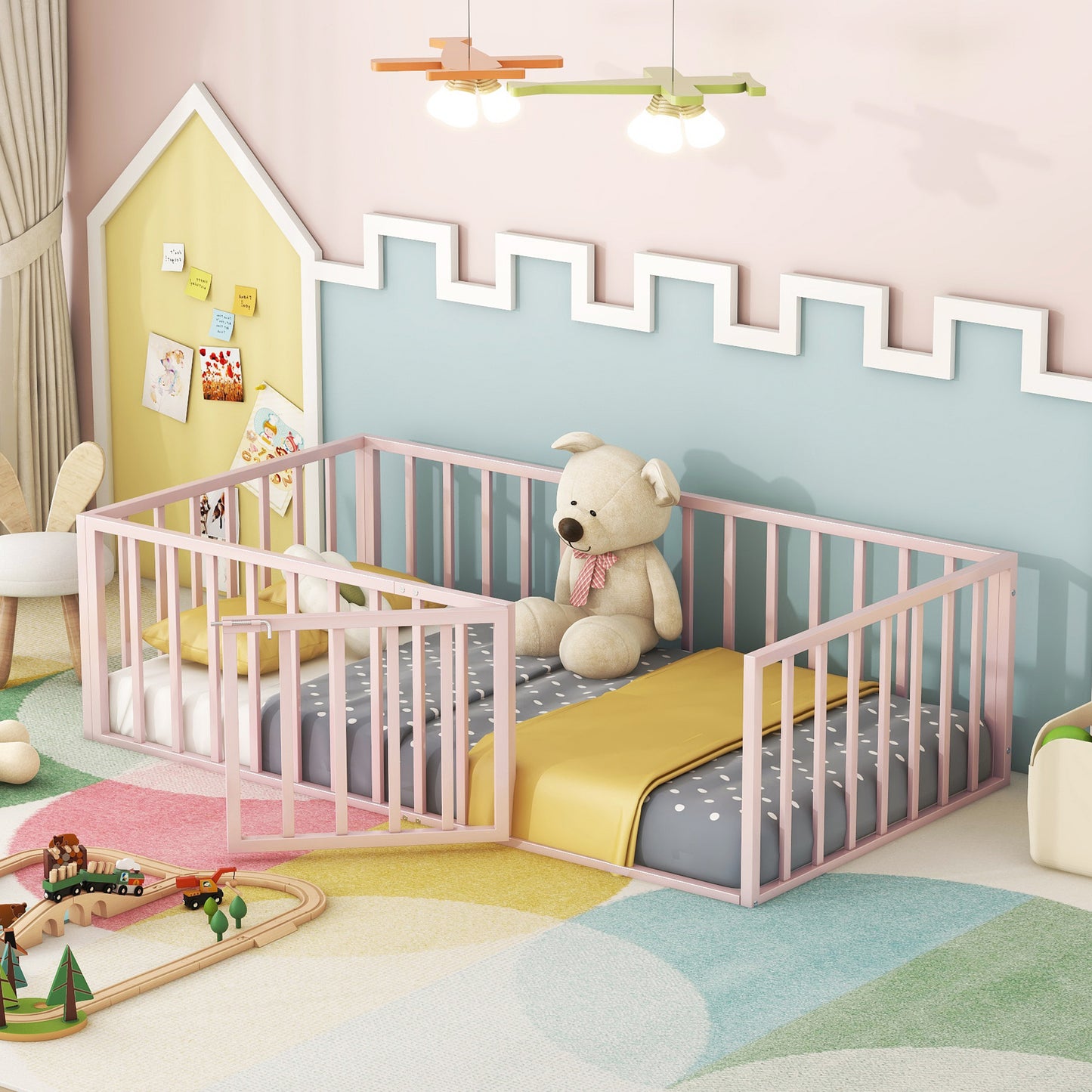 Twin Size Metal Floor Bed Frame with Fence and Door