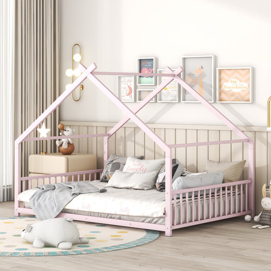 House Bed Full Pink, White, and Black Metal with Roof and LED Lighting for Bedroom and Guest Room