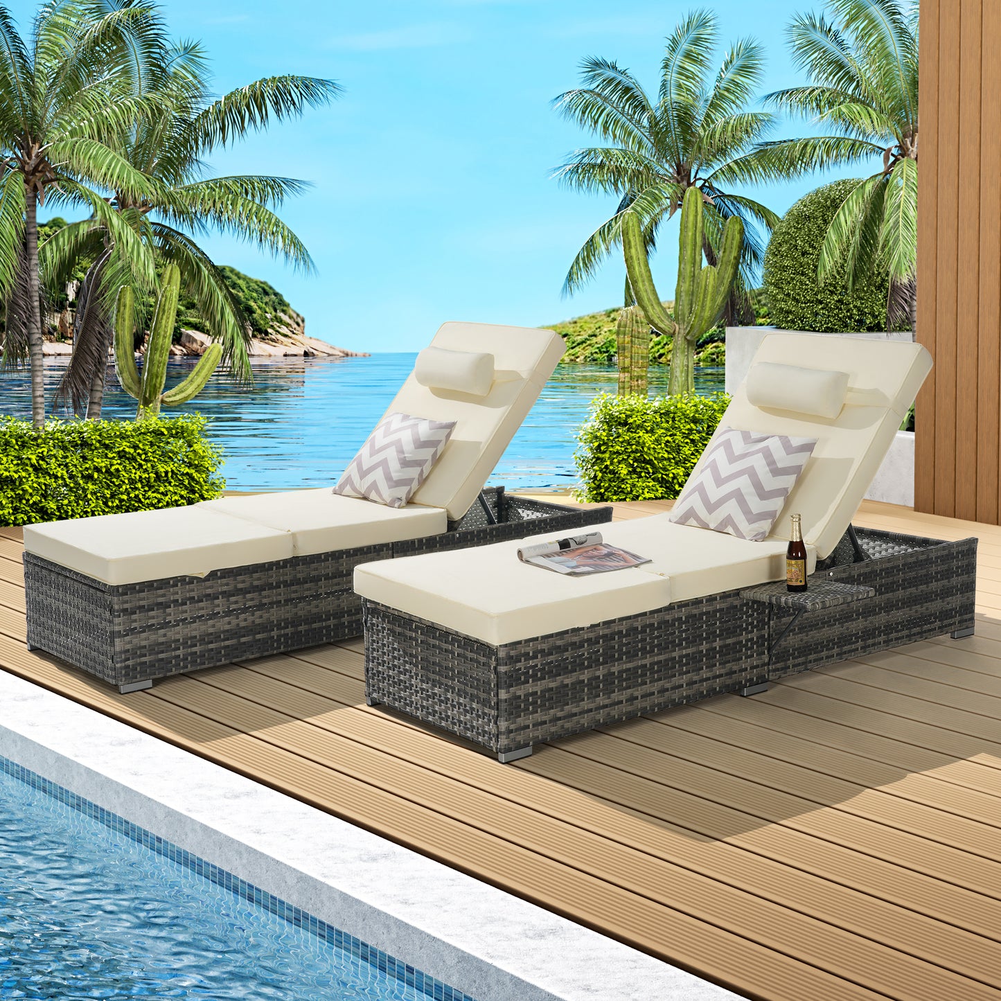Outdoor Chaise Lounge Chair Set – Set of 2 Rattan Reclining Loungers with Storage, Patio Poolside Chairs