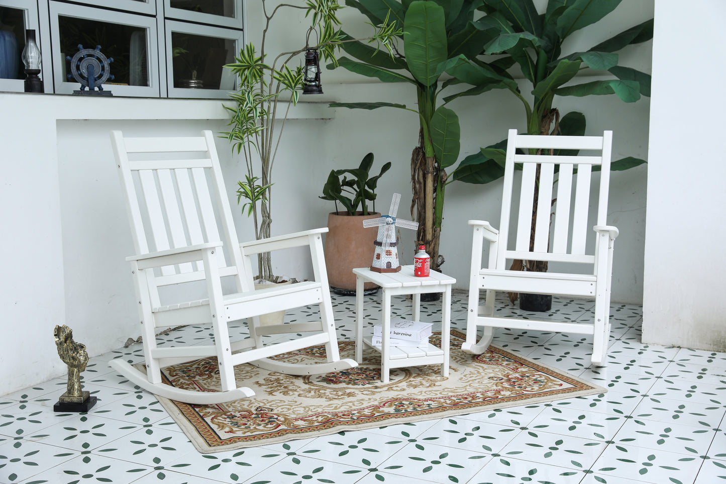 All Weather Rocking Chair Set with Side Table, 3-Piece Rocking Chair Set with Wood-Texture ,includes 2 Rocking Chairs