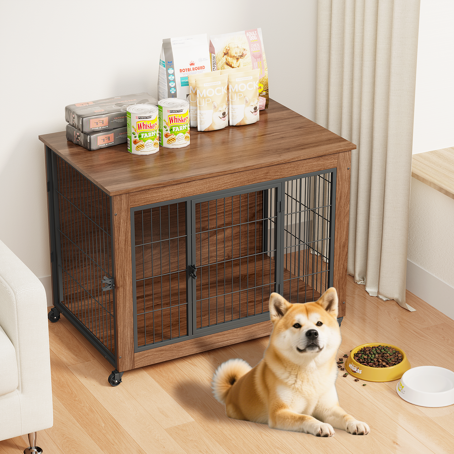 Heavy Duty Wooden Dog Crate Furniture with Wheels – Indoor Pet Kennel End Table with Double Doors