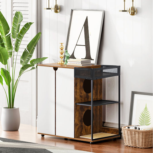 Cat Litter Box Enclosure White+Walnut Particle Board with Storage for Pet-Friendly Home Organization