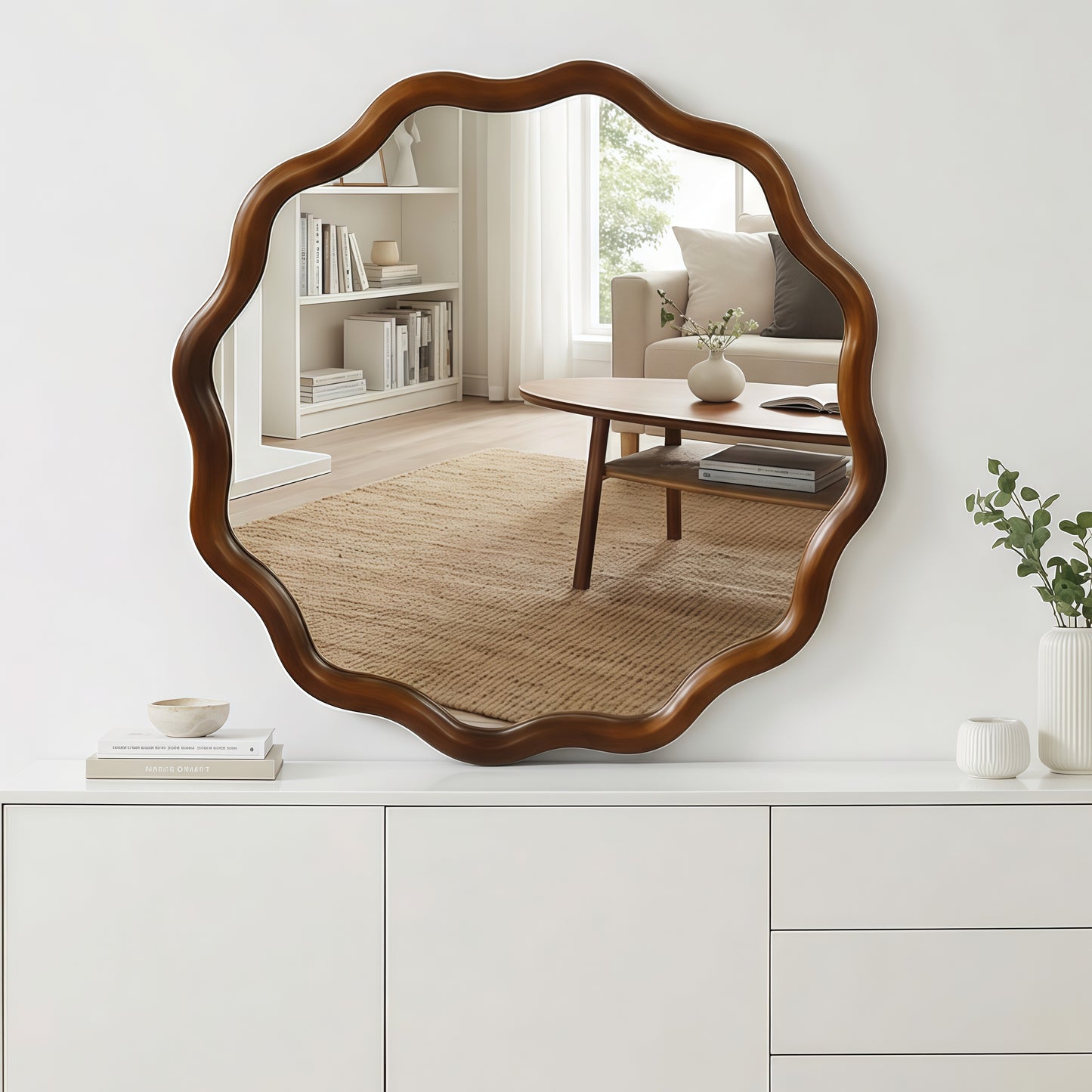 Wavy Round Solid Wood Frame Decorative Mirror for Bedroom, Bathroom, Living Room, Entry