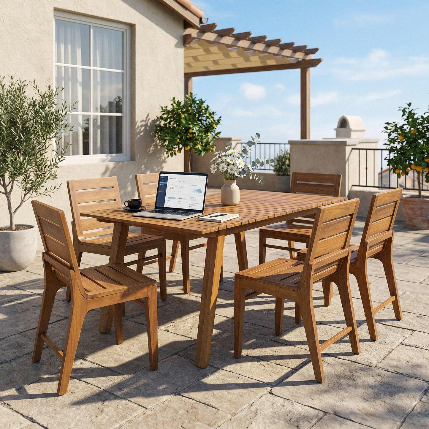 7-Piece Outdoor Acacia Wood Dining Set with 69" Dining Table and 6 Ergonomic Teak Finish Chairs