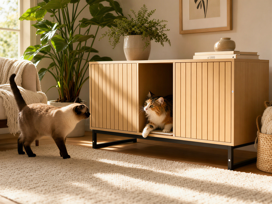 Modern Wooden Cat House with Scratching Mat – Heavy Duty Indoor Cat Condo Furniture with Black Metal Frame & Spacious Resting Area