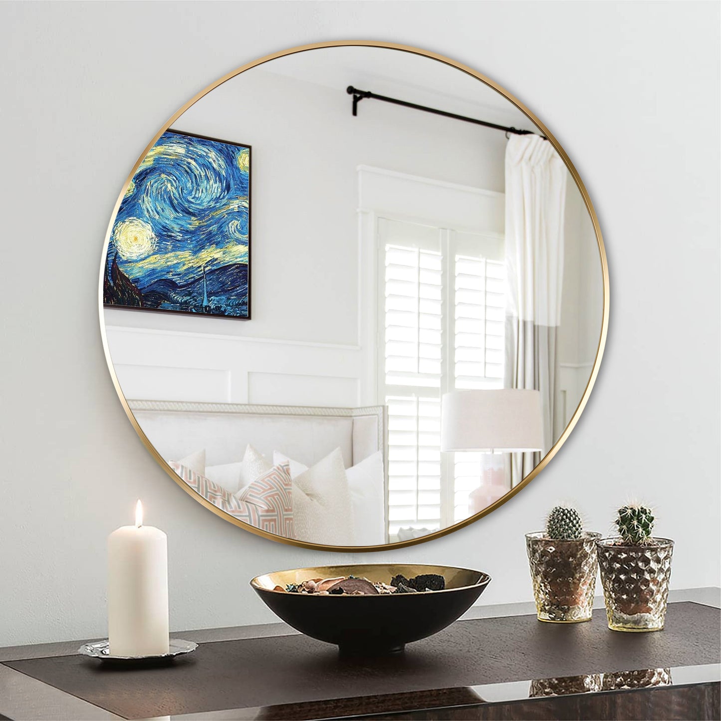 Round Metal Frame Wall Mirror – 24" Modern Bathroom Vanity Mirror, Circular Decorative Mirror