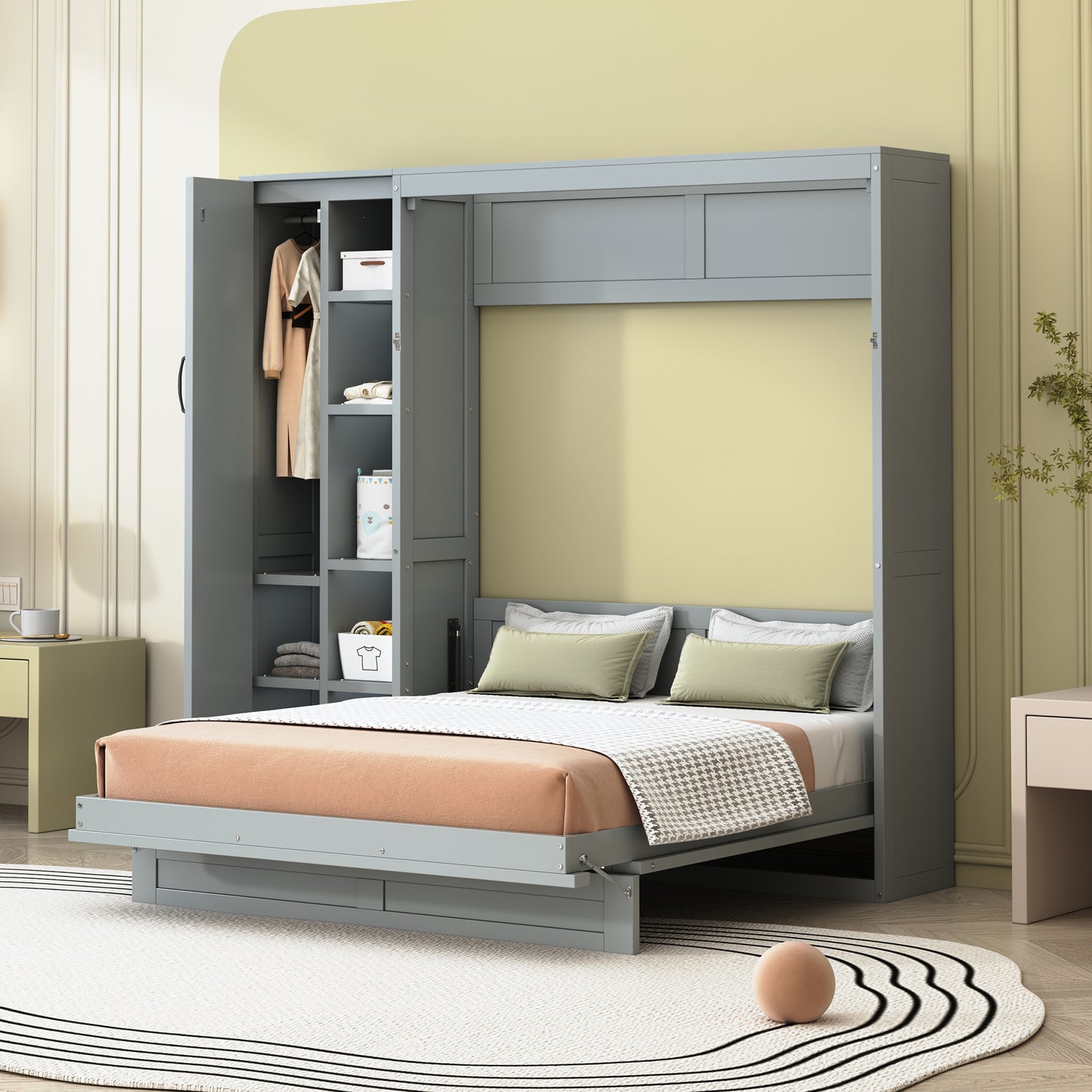 Murphy Bed Wall Bed with Shelves, Wardrobe and LED Lights