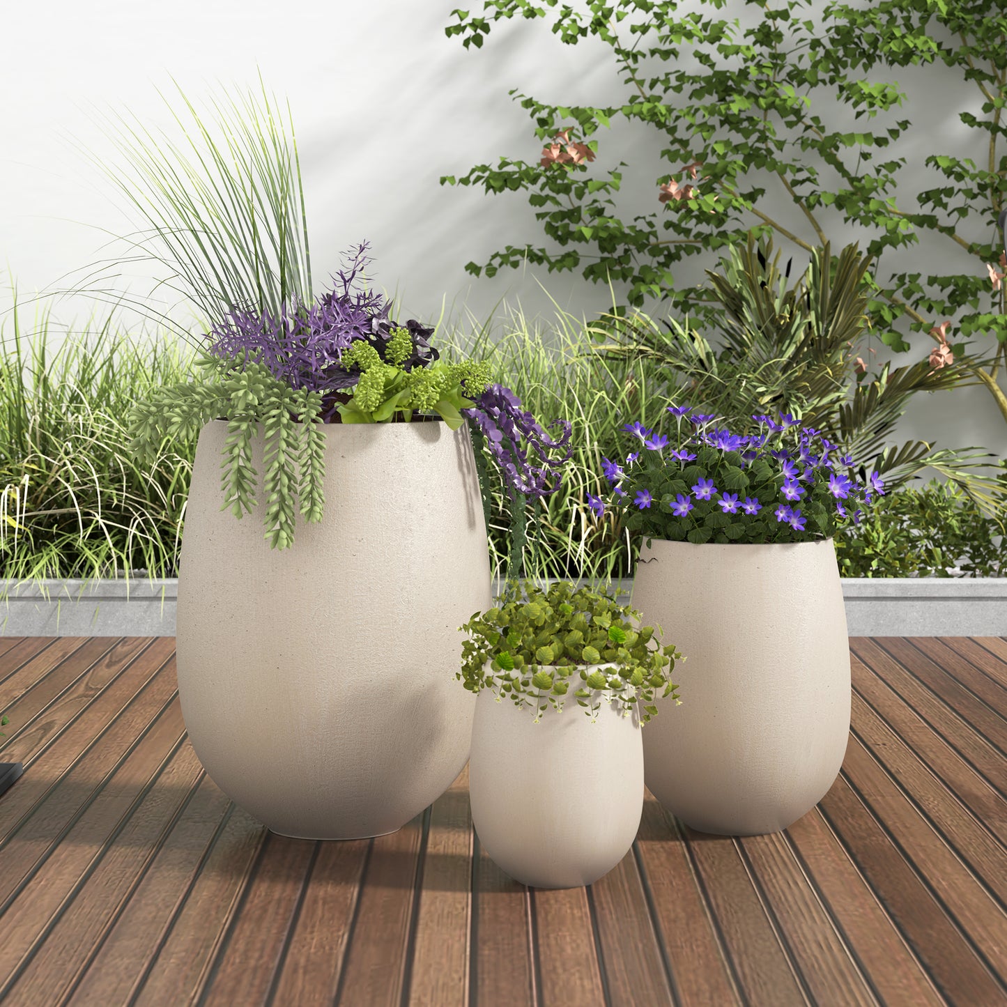 Round Outdoor Planter Set – 3 Piece Lightweight MGO Flower Pots with Drainage, Indoor Outdoor Plant Pots