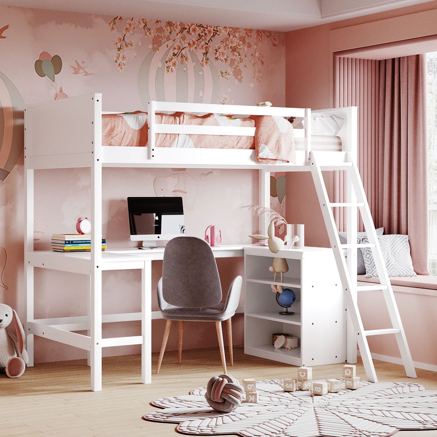 Twin size Loft Bed with Shelves and Desk, Wooden Loft Bed with Desk