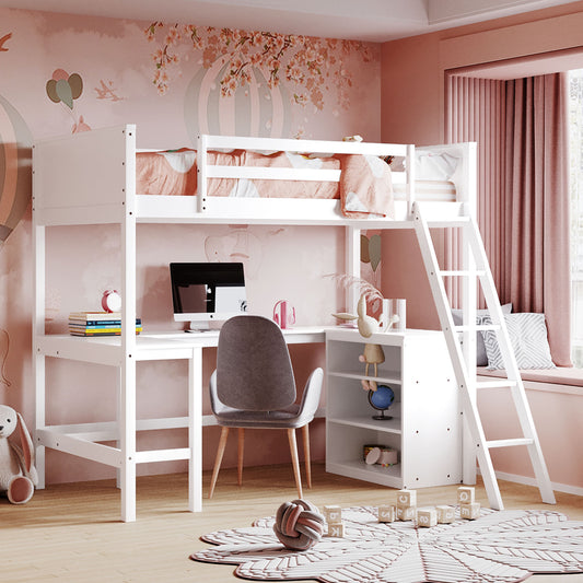 Loft Bed, Twin Size, Solid Wood with Shelves and Built-In Desk for Bedroom or Study Space