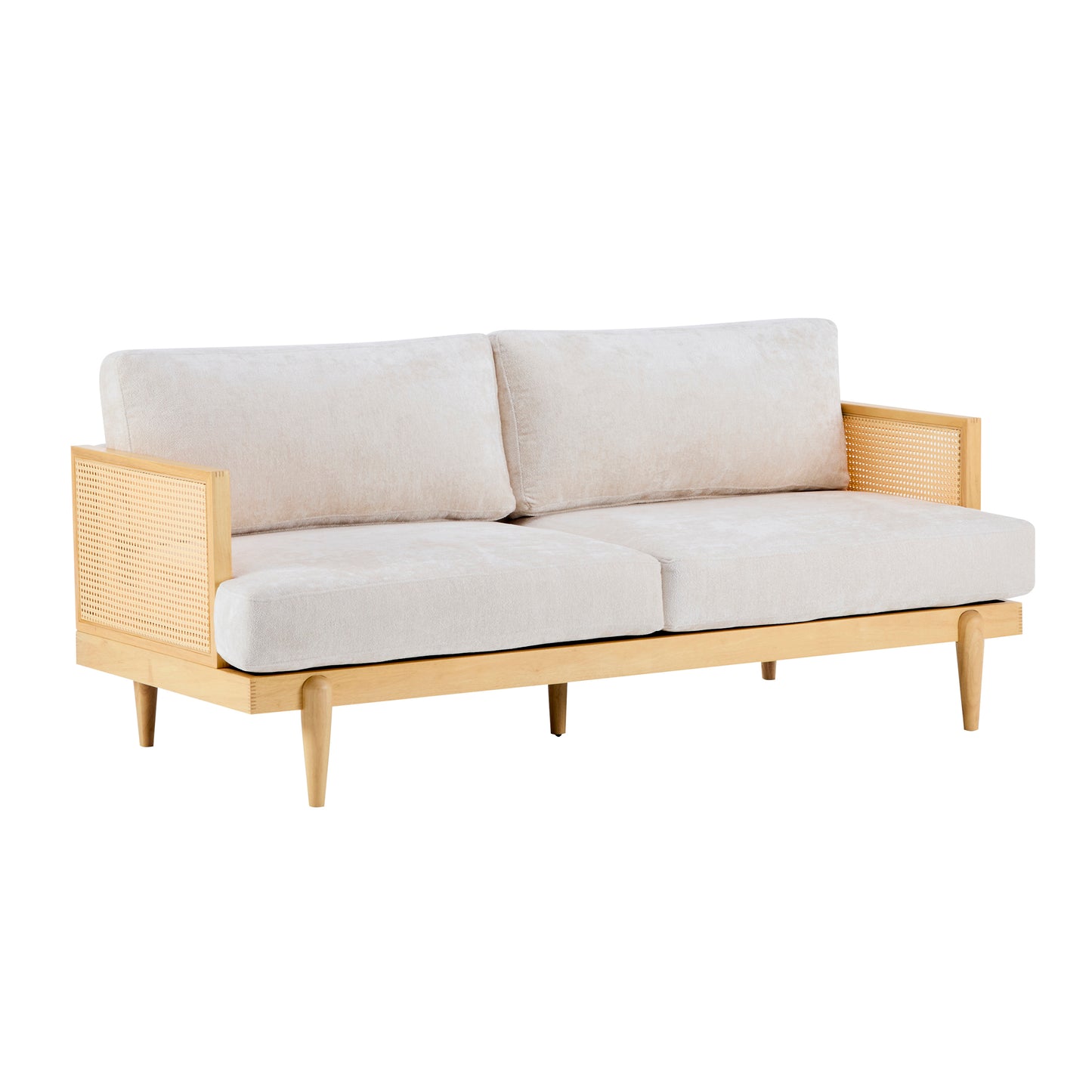 72" Boucle Sofa with Cane Rattan Arms and Solid Wood Frame – 3-Seater Upholstered Couch for Living Room, Bedroom & Office