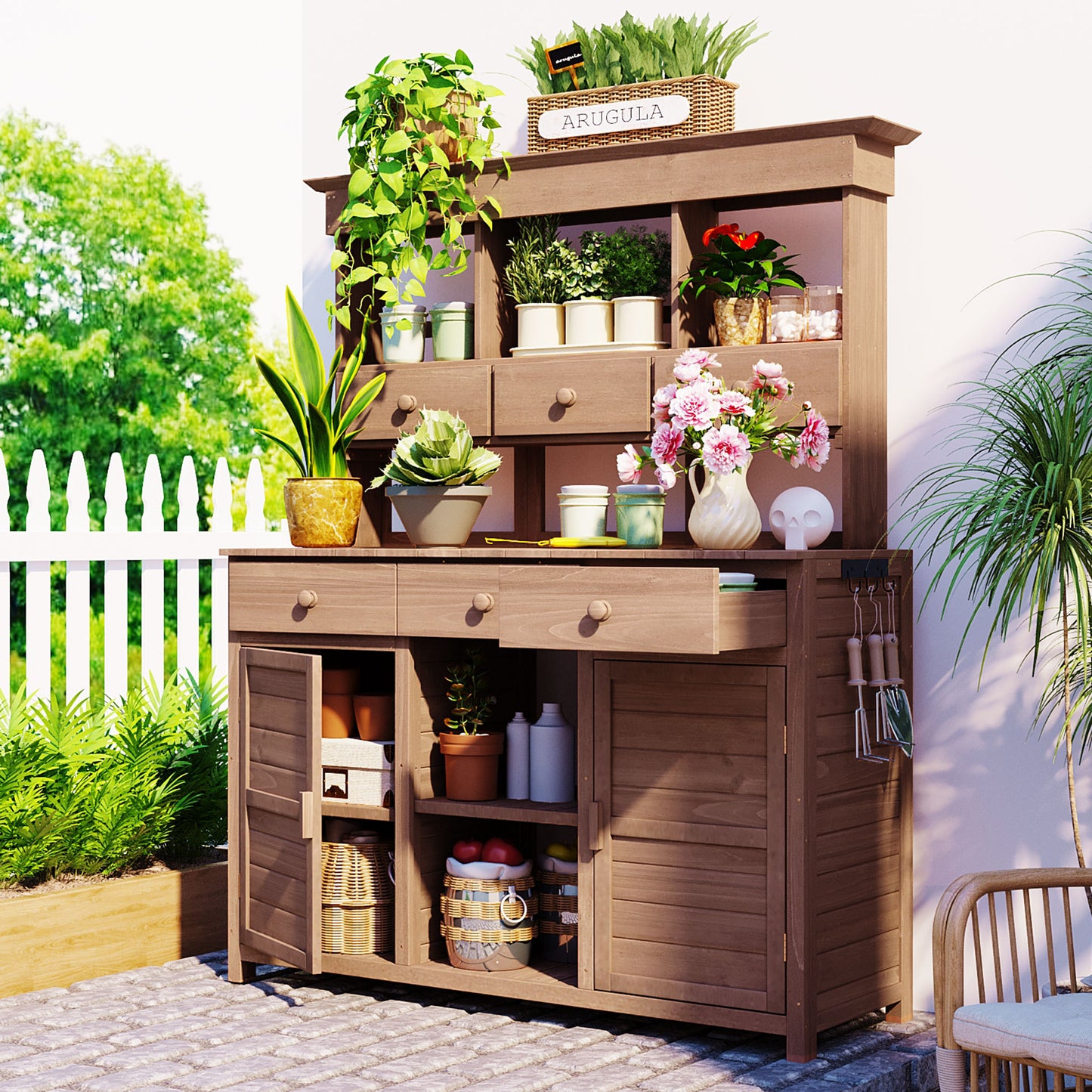 65.7'' H Tall Garden Potting Bench Table with Hutch,Patio Storage Workstation with 3 Shelves,6 Drawers,2 Bottom Cabinets