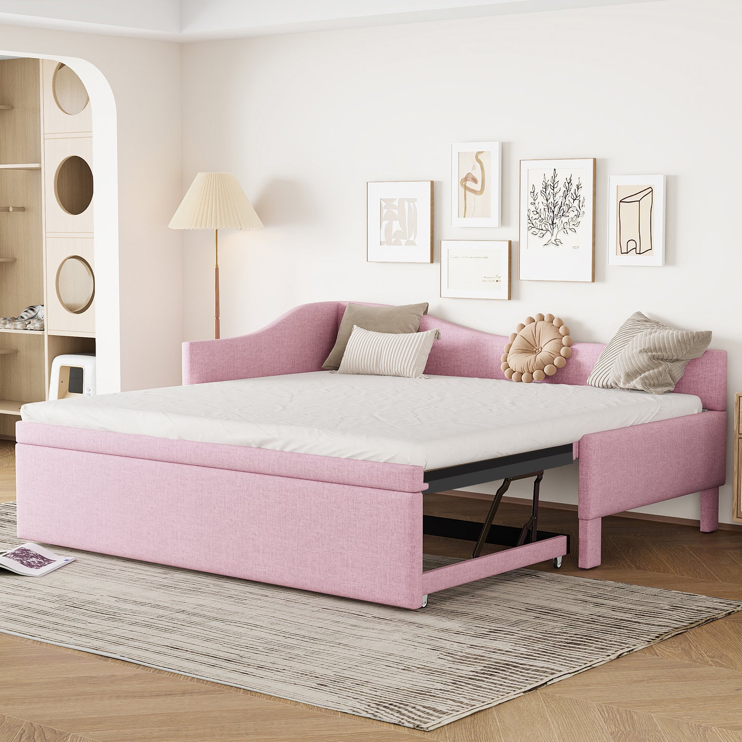 Twin Size Upholstered L-Shaped Upholstered Daybed with Pop Up Trundle