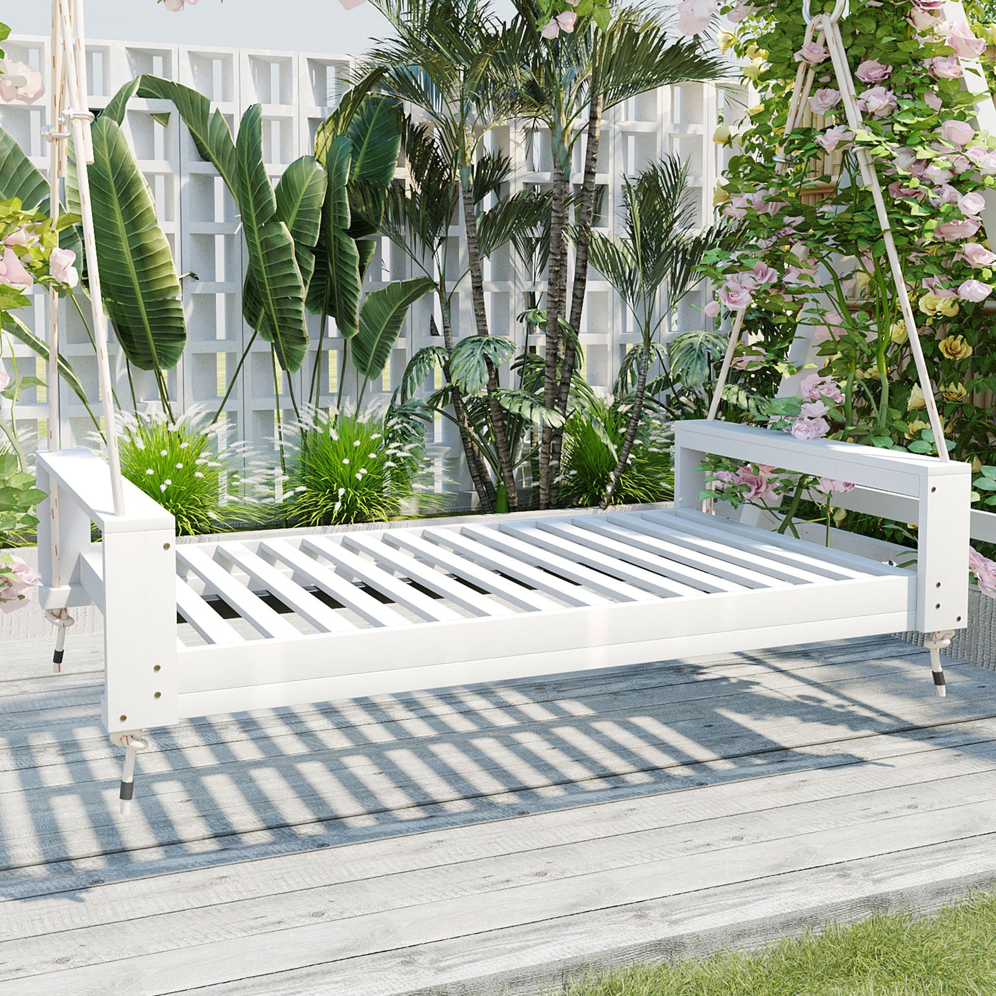 Twin Size Porch Swing Bed Seating Group, Patio Acacia Wood Swing Frame with Hemp Ropes for
